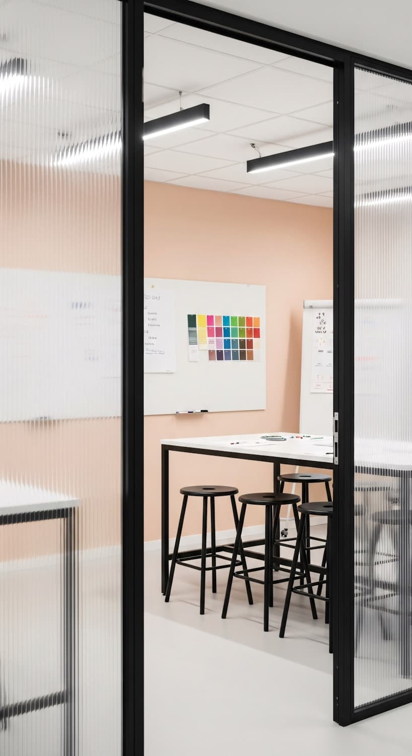 The studio floor, with colour swatches pinned across a wall